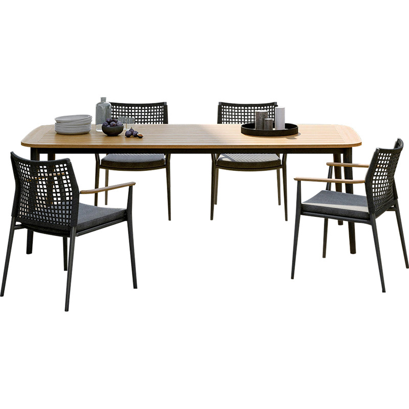Mesas y sillas de ratán para exteriores, muebles de ocio impermeables y resistentes al sol para patio exterior, conjunto de mesa larga de teca para jardín o balcón de villa