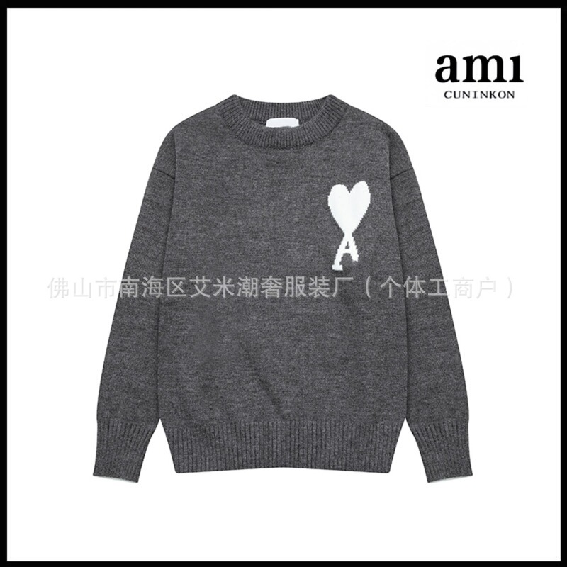 AMI クラウド ジャカード セーター ビッグ ラブ刺繍 ユニセックス ラウンドネック セーター カシミア混 ソフトワックス トップ|undefined
