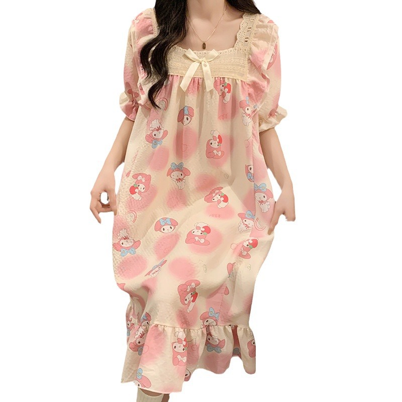 Pijama de la mujer sobre la rodilla vestido verano 2024 nuevo dulce lindo perro de dibujos animados algodón vestido de pijama casero al por mayor