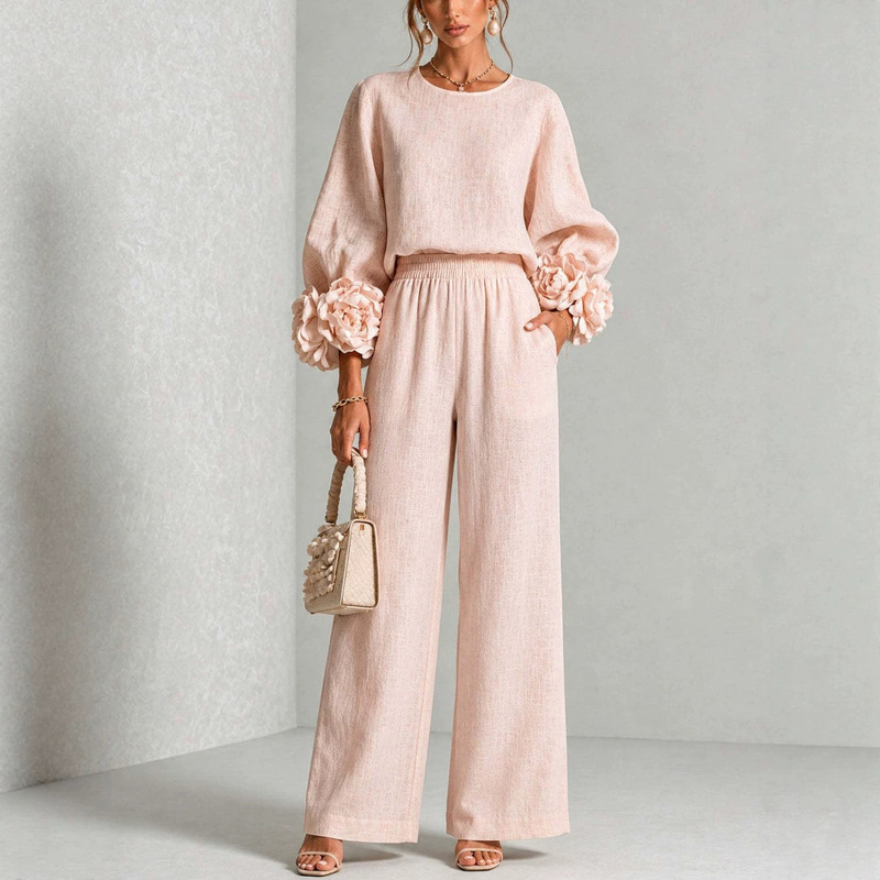 2026 New European and American Style Floral Cuff Blouse and Wide-Leg Pants Set for Cross-Border Sales