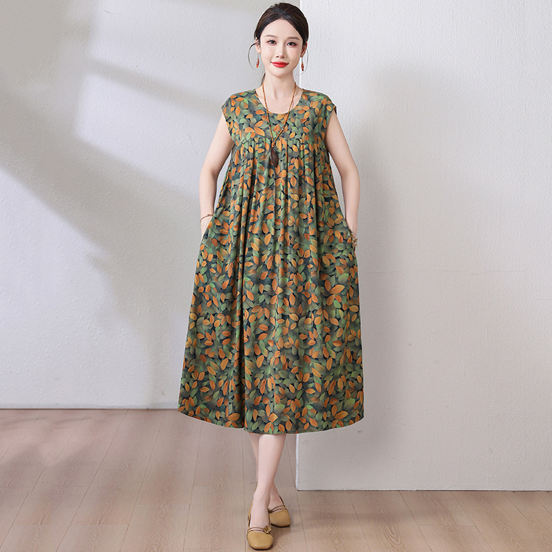 お母さんの綿のシルクのワンピースの半袖の中で老年の夏服の大きいサイズの婦人服は太ってゆったりしている人工綿のスカートの女性をプラスします。|undefined