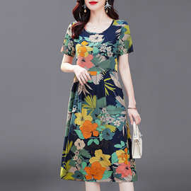 亚马逊夏季新款碎花短袖圆领连衣裙妈妈装遮肚A字裙宽松大码中裙