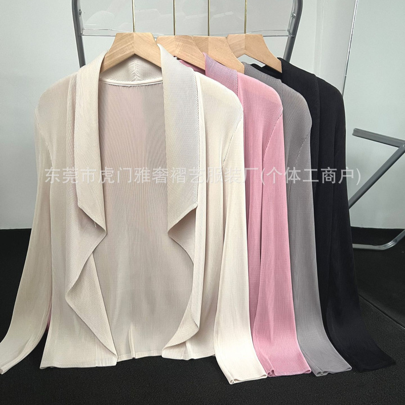 Regular Sleeve Solid Color Pleated Cardigan Fashion Short Jacket Casual Slimming Commuter Style Versatile Lapel Long Sleeve Jacket for Women