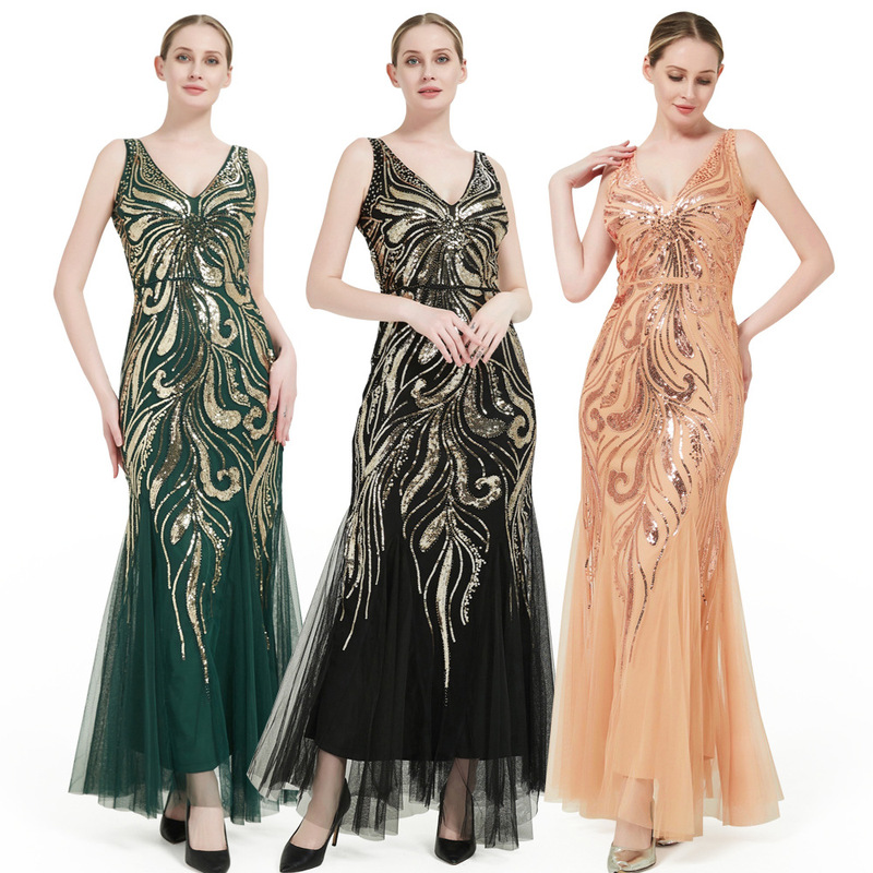 European and American style sequin dress, vintage party dress, sexy deep V-neck, slim-fit, long mesh evening gown, bridesmaid dress European and American style sequin dress, vintage party dress, sexy deep V-neck, slim-fit, long mesh evening gown, bridesmaid dress