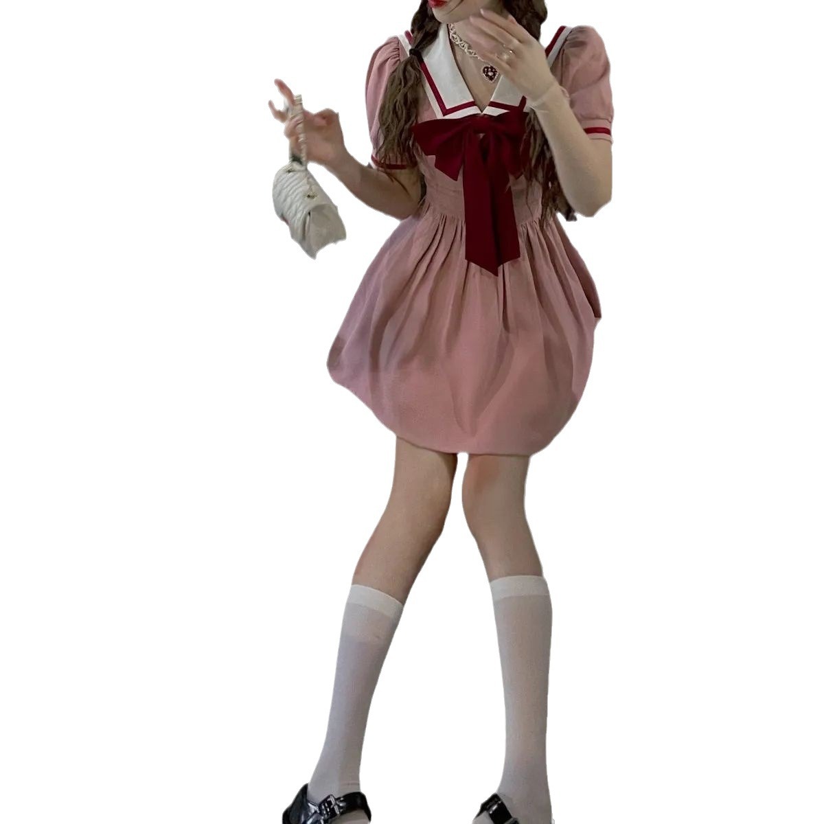 (2개) 퍼프 슬리브 달콤한 소녀의 꽉 허리 슬리밍 핑크 해군 칼라 원피스 큰 활 높은 허리 우산 스커트