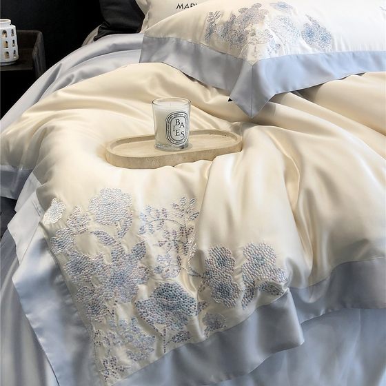 M Light Luxury Ultra-fine Denier Condensed Silk Embroidery Naked Feeling Silky Bedding High-end Orchid Lyocell Tencel Four-piece Set