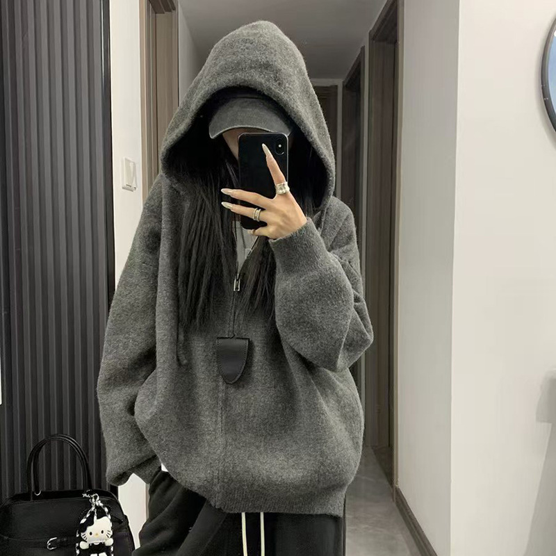 Hooded Thick Zip-Up Cardigan for Women, 100% Pure Cashmere Sweater, European High-End Autumn and Winter Knit Base Sweater Coat Hooded Thick Zip-Up Cardigan for Women, 100% Pure Cashmere Sweater, European High-End Autumn and Winter Knit Base Sweater Coat