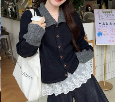 法式小香风 条纹翻领长袖宽松毛衣女装针织衫 拼色松弛感穿搭外套|undefined