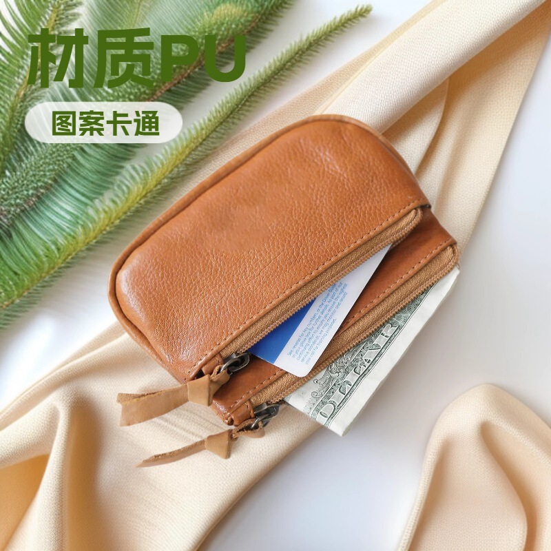 Mini Leather Small Coin Purse with Keychain Handmade Compact Zipper Wallet Casual Pouch Coin Purse