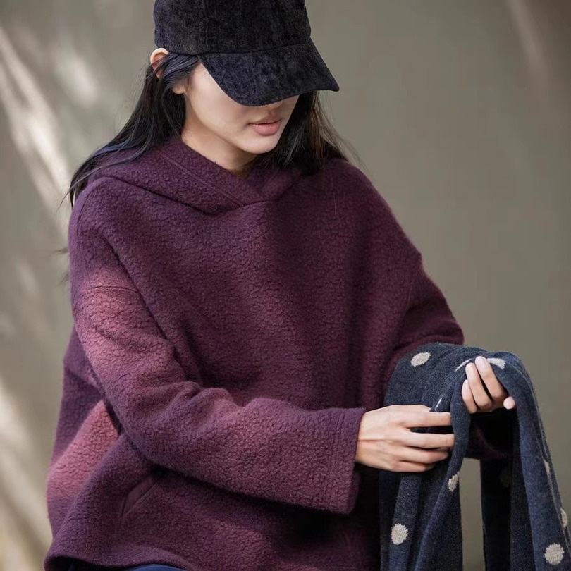 春秋款西梅紫摇粒绒时尚百搭女士加厚连帽卫衣宽松版