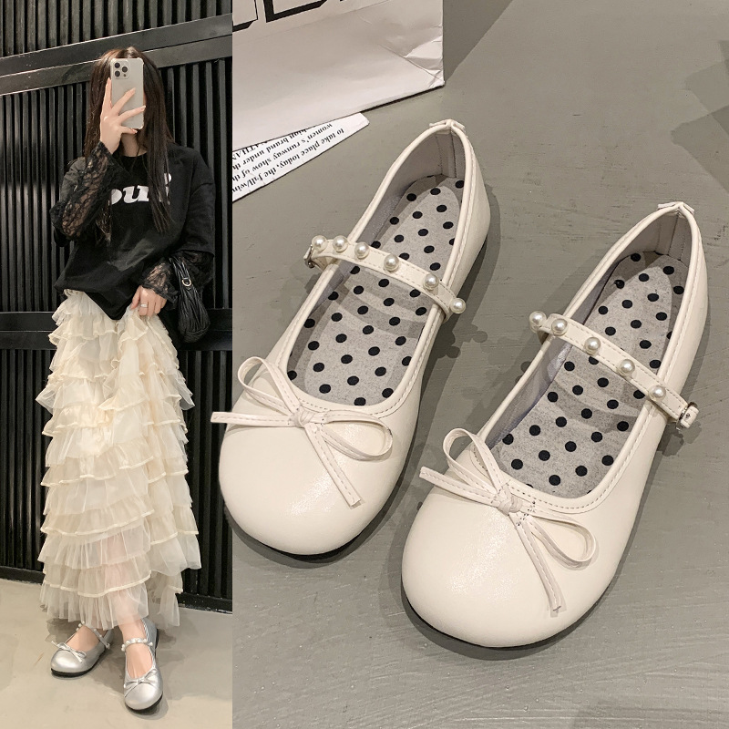 French Retro Ballet Silver Small Leather Shoes Women's Flats Shoes Soft Sole Comfortable Red Shoes Round Toe Mary Jane Women's Shoes