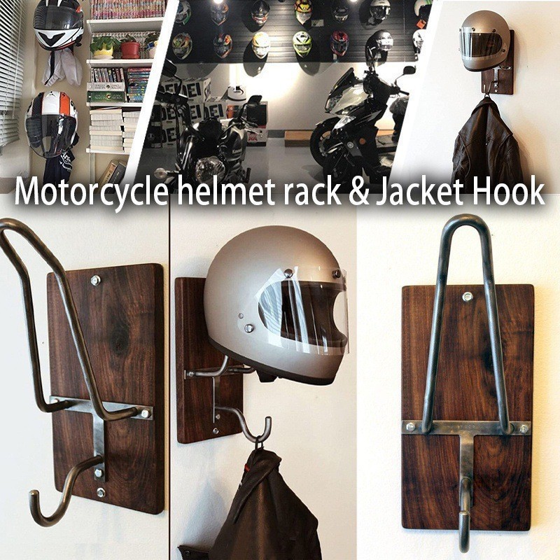 壁挂式摩托车头盔置物收纳架铁木结合美式玄关后衣物收纳整理架
