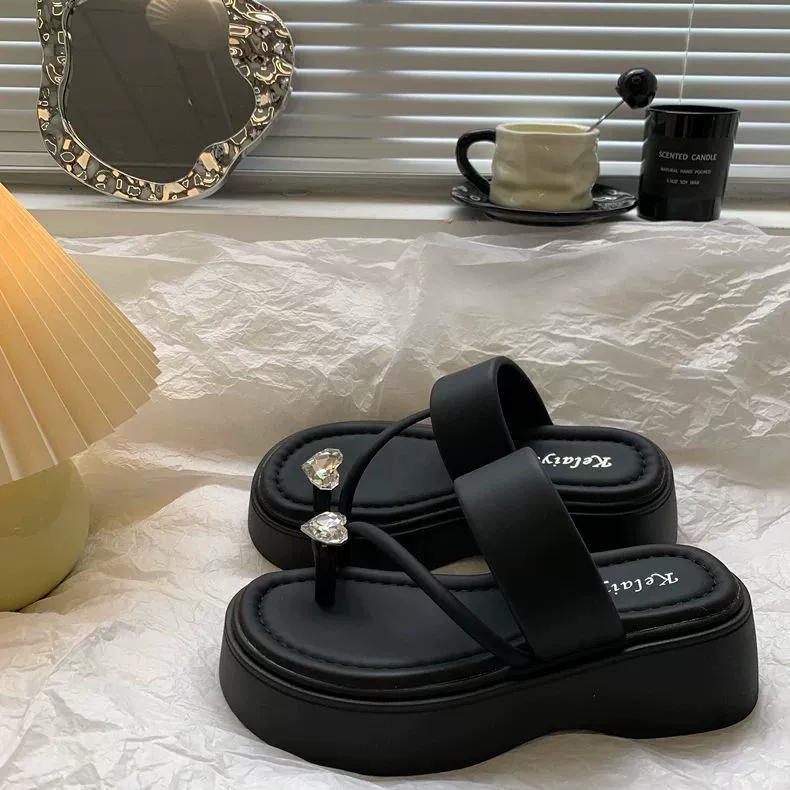 Модные женские пляжные туфли на платформе с увеличением роста, сандалии на платформе со стразами, новая модель 2024 года.