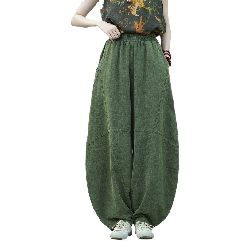 Старые свободные повседневные брюки Ramie, жареные песочные брюки, женские шаровары 25, литературные брюки из хлопка и льна в стиле ретро для медитации, медитации, тай-чи