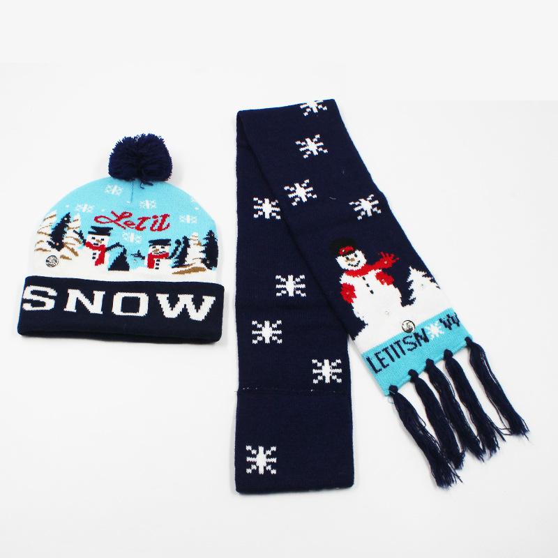 Fabricante transfronterizo de gorros navideños europeos y americanos tejidos en jacquard, gorros navideños de lana con luces LED, gorros navideños con pompón y bufandas. image 54