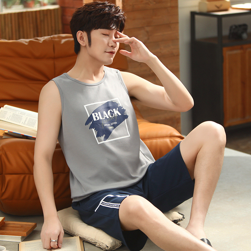 [personalizada] pijamas de verano de algodón de manga corta de dos piezas chaleco casual delgado ropa de hombre se puede usar fuera