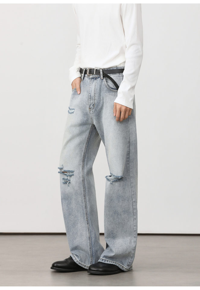 Quần jean nam ống loe nhẹ rách gối phong cách retro, dáng rộng ống suông tôn dáng, quần dài casual — Xanh nhạt, Xanh đậm chi tiết 33