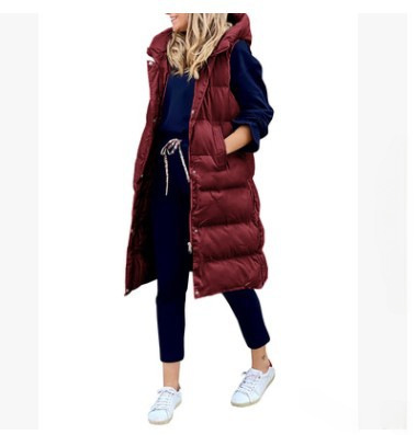 Giacca lunga imbottita in cotone con cappuccio tinta unita autunno e inverno 2022 da donna, giacca monopetto con cerniera senza maniche, calda e casual alla moda_voghion.com