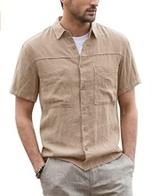 2022亚马逊男士夏季休闲系扣衬衫棉麻短袖两个口袋宽角领工作衬衫