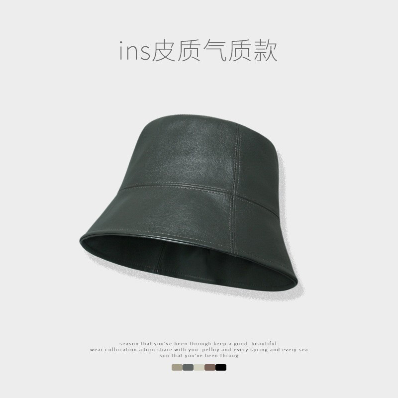 Nicho diseñador pescador sombrero mujer PU cuero casual negro cubo sombrero Otoño e Invierno sombrero de cuero cara pequeña cuenca sombrero Masculino