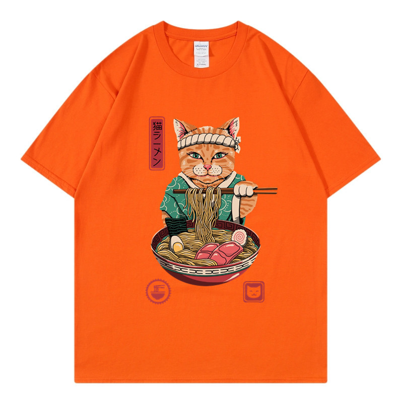 New Zhuoli station Kung Fu cat eating noodles printed t-shirt men's and women's Casual Short Sleeve round neck top_voghion.com