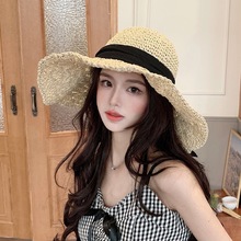 新款日式草帽女夏季系带大帽檐沙滩帽可折叠度假凉帽防晒遮阳帽子