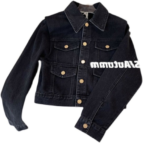 Black small fragrant denim short jacket for women spring and autumn new retro small jacket long-sleeved top ins trend