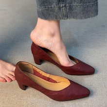 软羊皮~复古真皮浅口通勤粗跟单鞋女尖头一脚蹬舒适不累脚高跟鞋