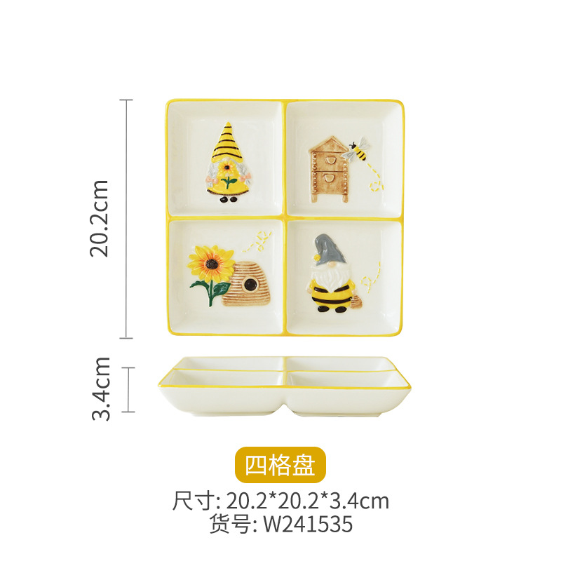 Primavera abejas girasol elf cerámica en relieve plato de cuatro paneles de platos encantadores platos