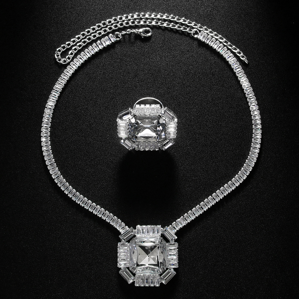 Cross-border nuevo conjunto de joyería de zircon cadena de clavícula cuadrada accesorios de anillo ajustable conjunto de joyería
