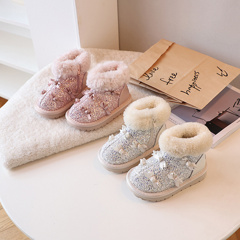 Girls Snow Boots Winter New Wool Plush Warm Children's Large Cotton Shoes Little Girls Fashion Princess Boots Baby Boots