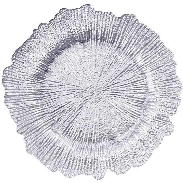 Nuevo diseño de decoración de mesa de boda plástico transparente cargador de borde irregular placa de melamina transparente redonda