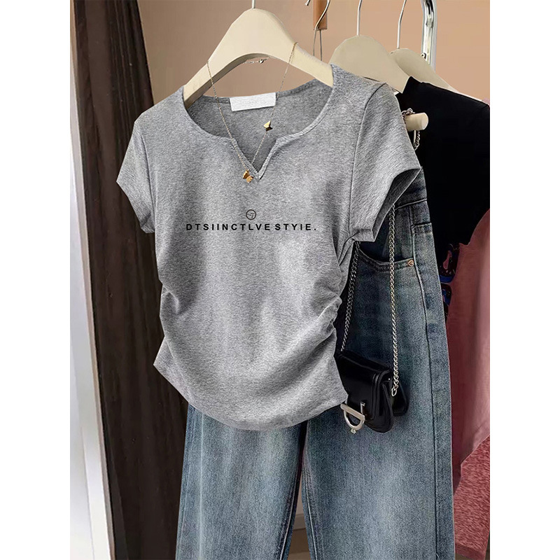 2026 New Style V-Neck Pure Cotton Short-Sleeve T-Shirt for Women, American Design, Niche Style, Waist-Cinching, Slimming Top, Summer Fashion