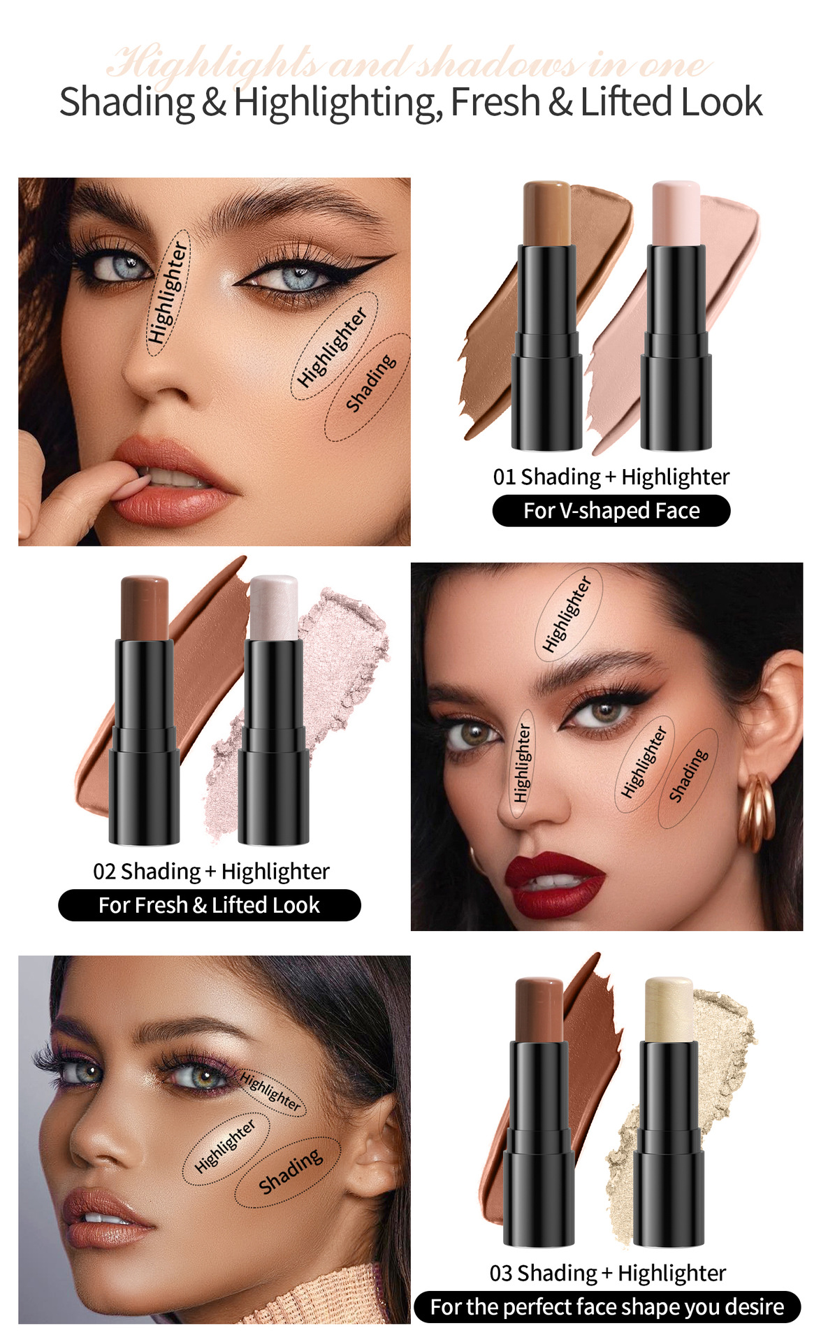 HelloKiss Double-headed Highlighter Contouring Stick, pearlescent three-dimensional, naturally brightening and modifying facial shadows, cross-border makeup Item Picture
