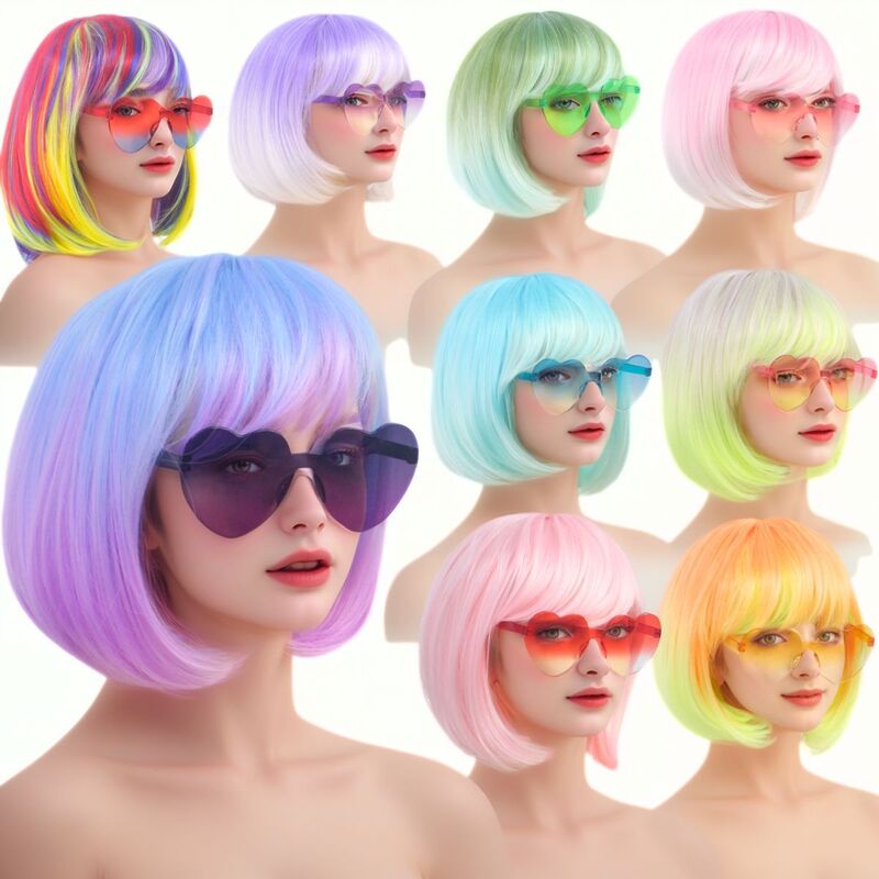 Cross-Border Colorful Wigs with Various Styles, Side Bangs, Student Short Hair, European and American Short Styles, Dazzling and Exquisite