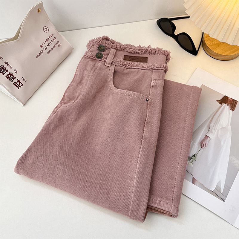Women's Clothing Narrow wide leg pants for women autumn and winter dirty pink new high waist slim hot style mopping plus velvet straight jeans_voghion.com