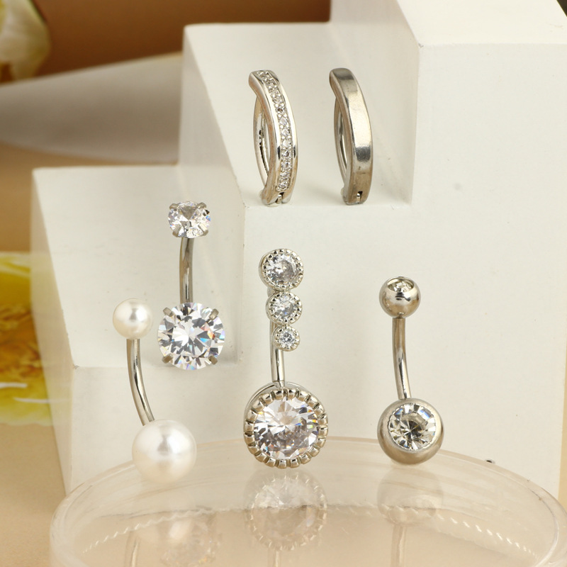 Stainless Steel Belly Button Ring Set - Inlaid Zircon Geometric Navel Ring, European American Style, Body Piercing Jewelry 6-Pack detail image 6