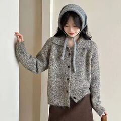 复古翻领高领设计感宽松上衣女针织衫简约开衫秋冬毛衣外套风休闲