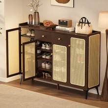 中式藤编木质入户门鞋柜轻奢高级感玄关柜大容量带抽屉立体收纳柜