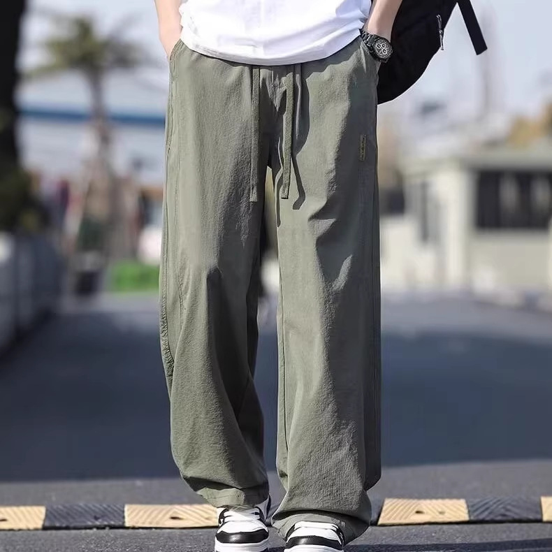 Summer Thin Ice Silk Wide-Leg Casual Pants for Men, Simple and Stylish Loose Drawstring Long Pants, Breathable Versatile Sports Pants