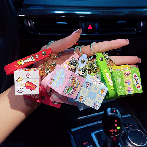 Official Happy Magic Cube Keychain Mini 3-Step Stress-Relief Brain Teaser Car Key Ring Bag Clip School Bag Accessory Wholesale