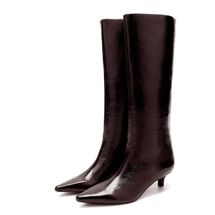 2024 autumn and winter new European and American pointed boots crimson but knee cat heel high heel thin knight boots for women
