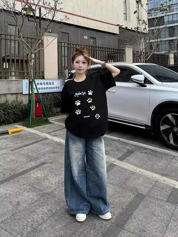 chic韩系可爱风卡通印花黑色短袖t恤女小众设计宽松休闲显瘦上衣|undefined