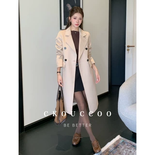 荣太山羊绒羊毛双面呢子大衣女水波纹秋冬直筒显高显瘦中长款外套