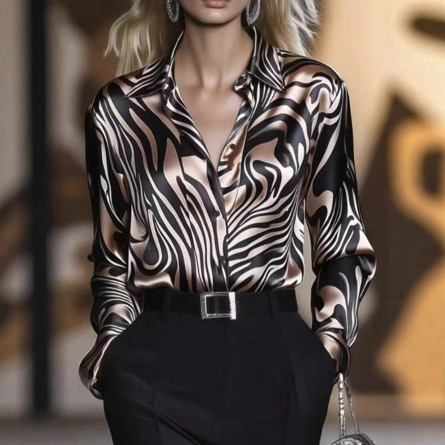 Cross-Border 2025 New European and American Fashion Abstract Animal Print Satin Shirt Elegant Slim Long-Sleeved Shirt for Women