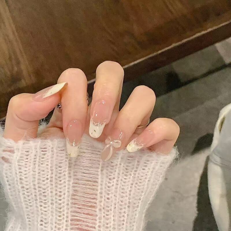 New Spring Cream Cat-Eye Semi-Handmade Wearable Nails, Pure and Gentle, Long-Length Nail Stickers That Enhance Whiteness