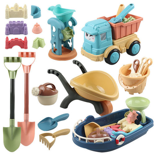 Children's beach toy set, including sand shovel, digging tools, toy cart, and beach cart, suitable for 4-6 year old boys and girls