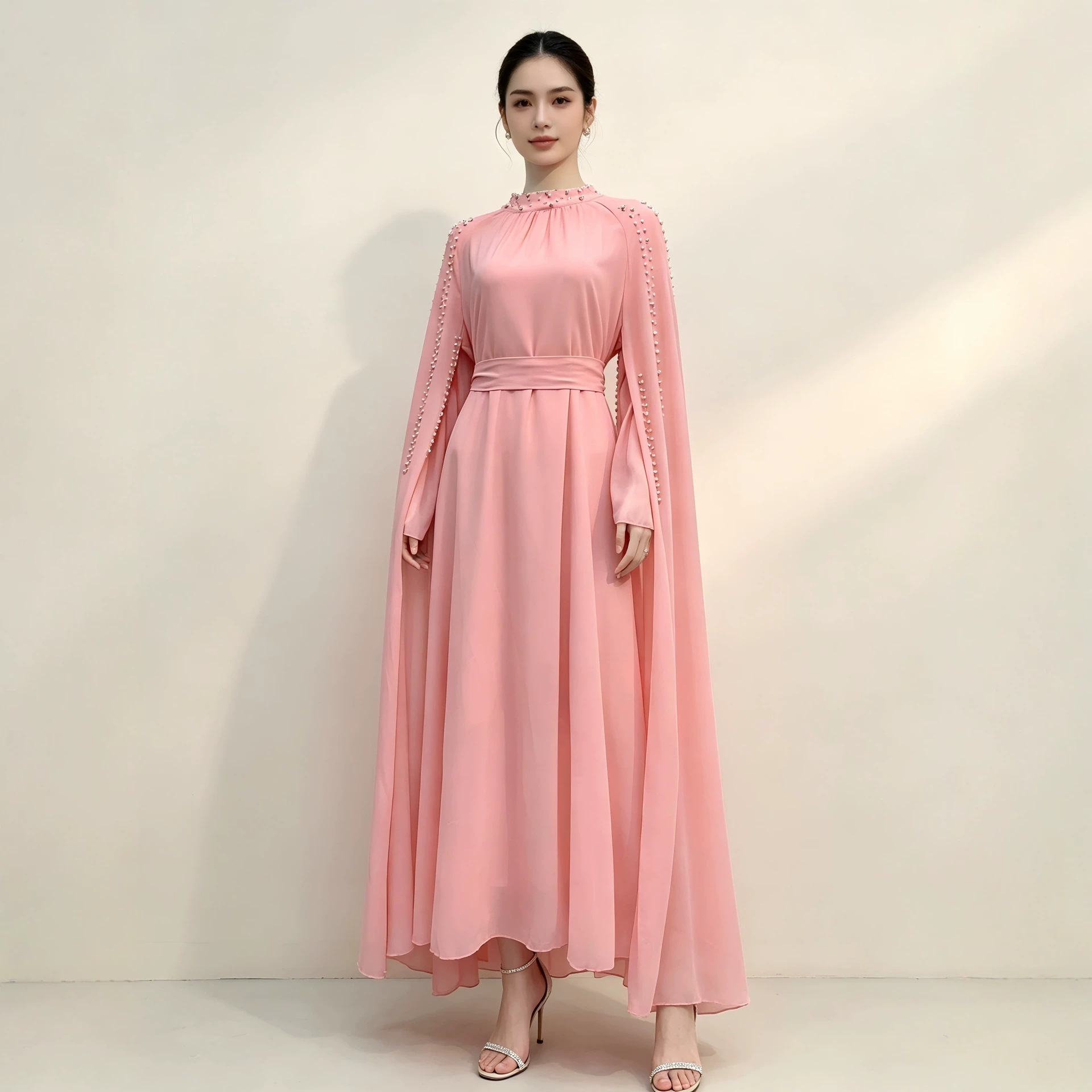 In stock, fast shipping. Pink chiffon beaded cape-sleeve elegant long robe dress with stand collar and fitted waist.