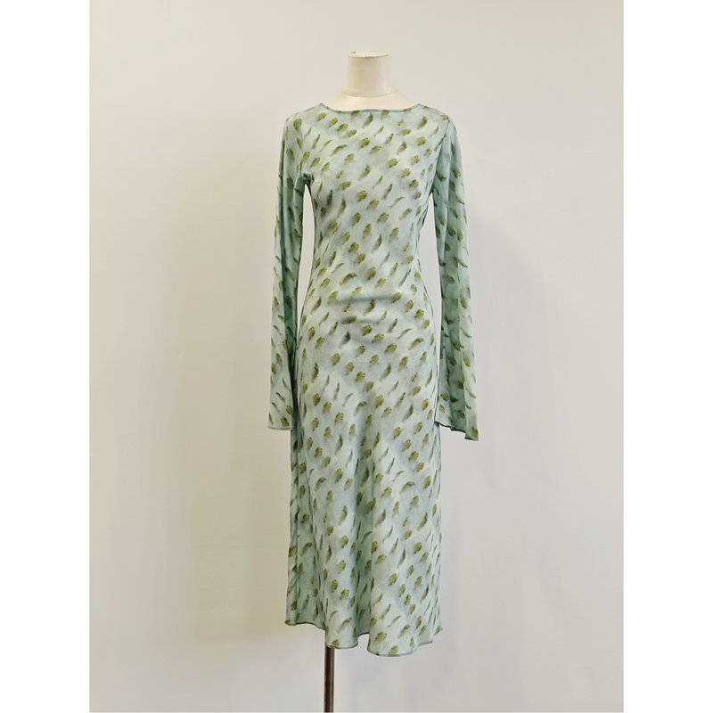 Spring and Summer Peacock Blue Print Dress Summer Women's Mid-Length Bias-Cut Long-Sleeved Round Neck Straight Slim Skirt for Women