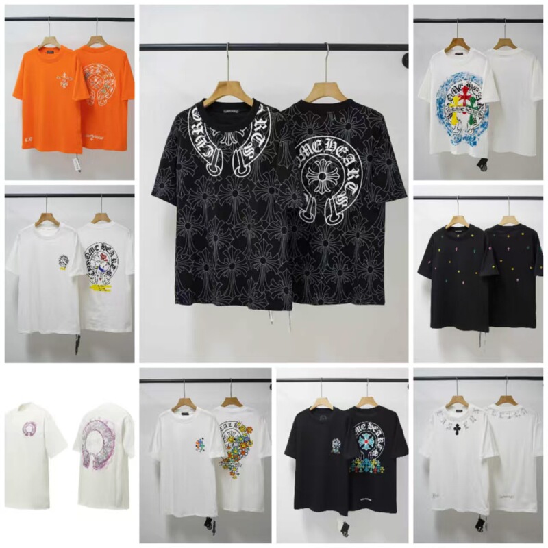 Cross-border 2026 new model CH Chrome Sanskrit Cross heavy-duty hand-painted horseshoe print unisex short-sleeve T-shirt